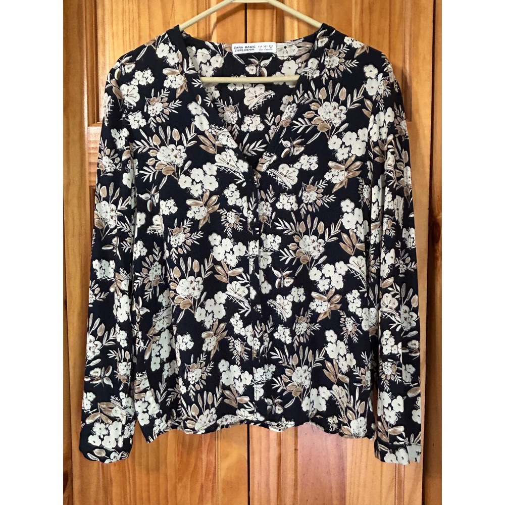 Zara Basic Black Floral Button Down Blouse Women's Large Long Sleeve Top NWOT
